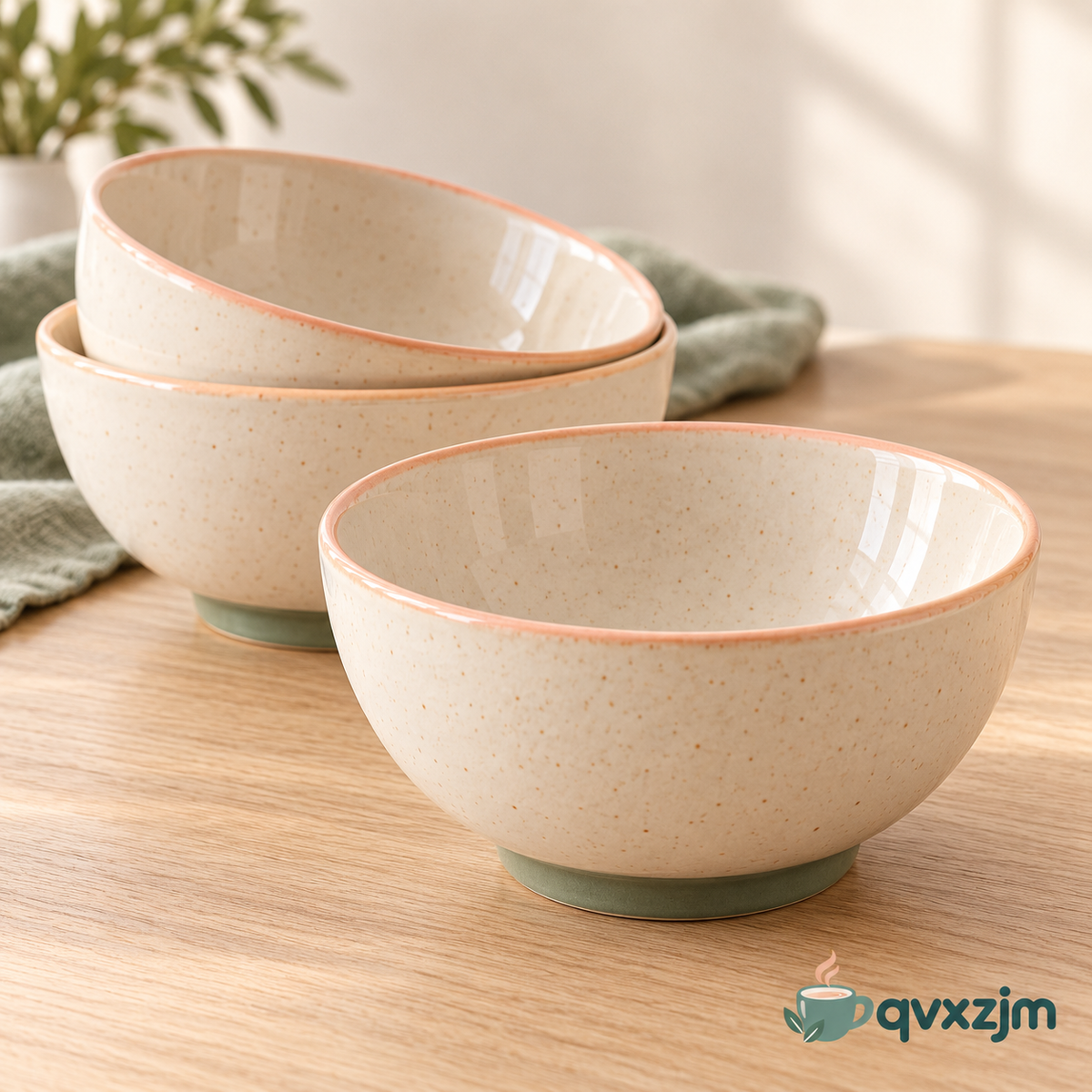 qvxzjm Cream Ceramic Bowls with Peach Rims, Set of 3