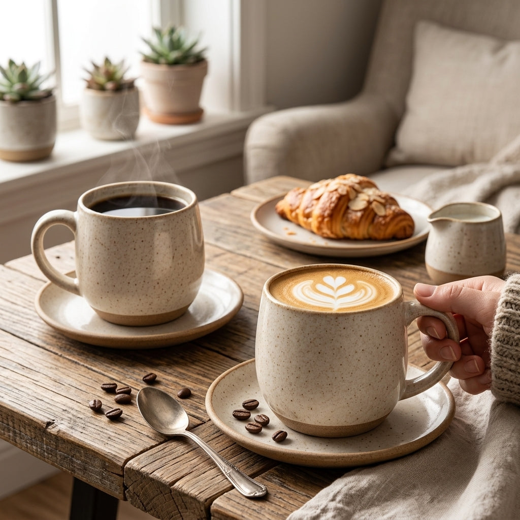 qvxzjm Cream Speckled Ceramic Mugs, Set of 2