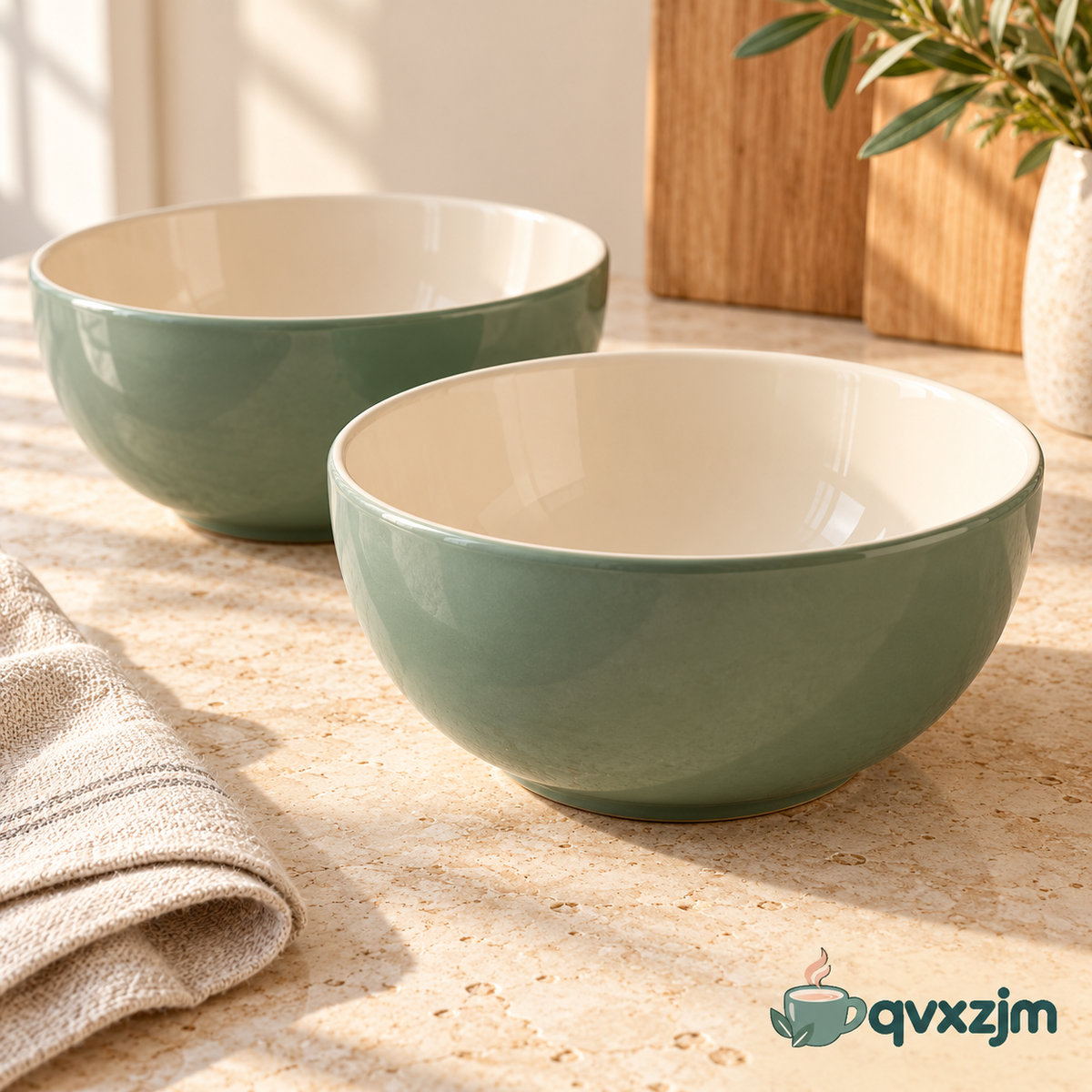 qvxzjm Sage Green Ceramic Bowls, Set of 2